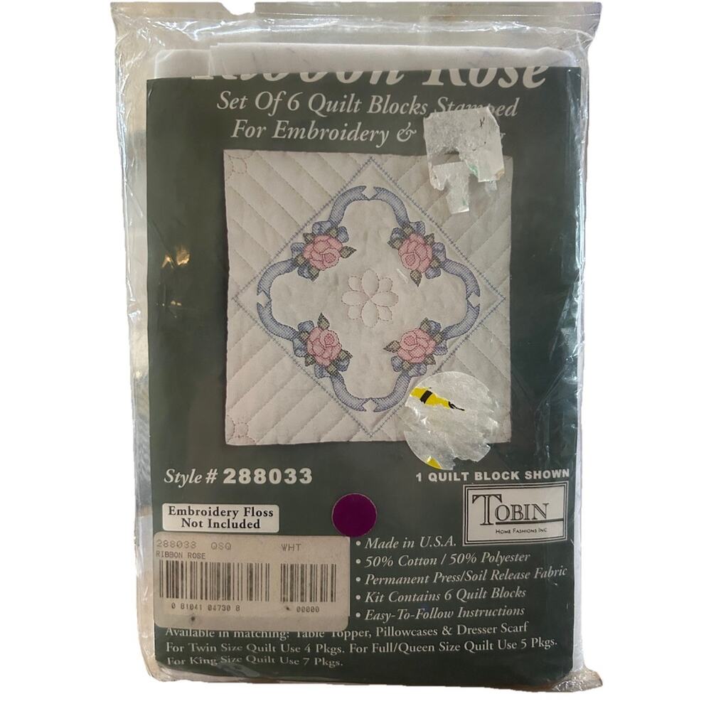 Vtg Tobin Ribbon Rose Sets of 6 Stamped Embroidery & Quilt Blocks #288033 NEW